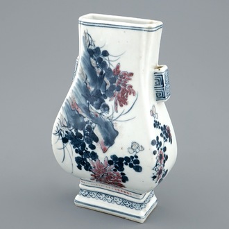 A Chinese blue and underglaze red fanghu shape wall vase, 19th C.